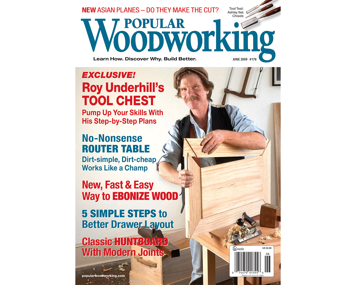 Online Extras for the June 2009 issue include a video of Marc Spagnuolo using his favorite pushsticks and featherboards, download full-size patterns of the Deck/Dock Chair leg profiles in PDF format, a SketchUp model of the Joiner's Tool Chest project, and several more videos.