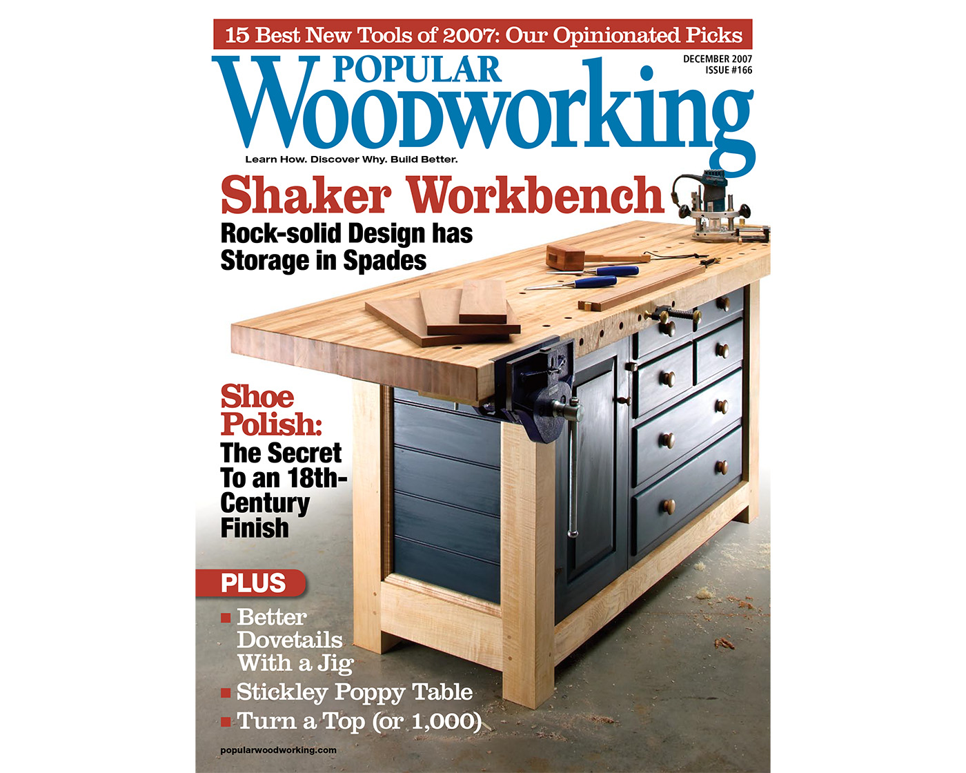 Online Extras from the December 2007 issue include a drawing showing the location of the workbench dog holes, full-size drawings of the Gustav Stickley Poppy Table for $3.00, download instructions from Shaker Workshops for weaving the Mission Chair seat, and more.